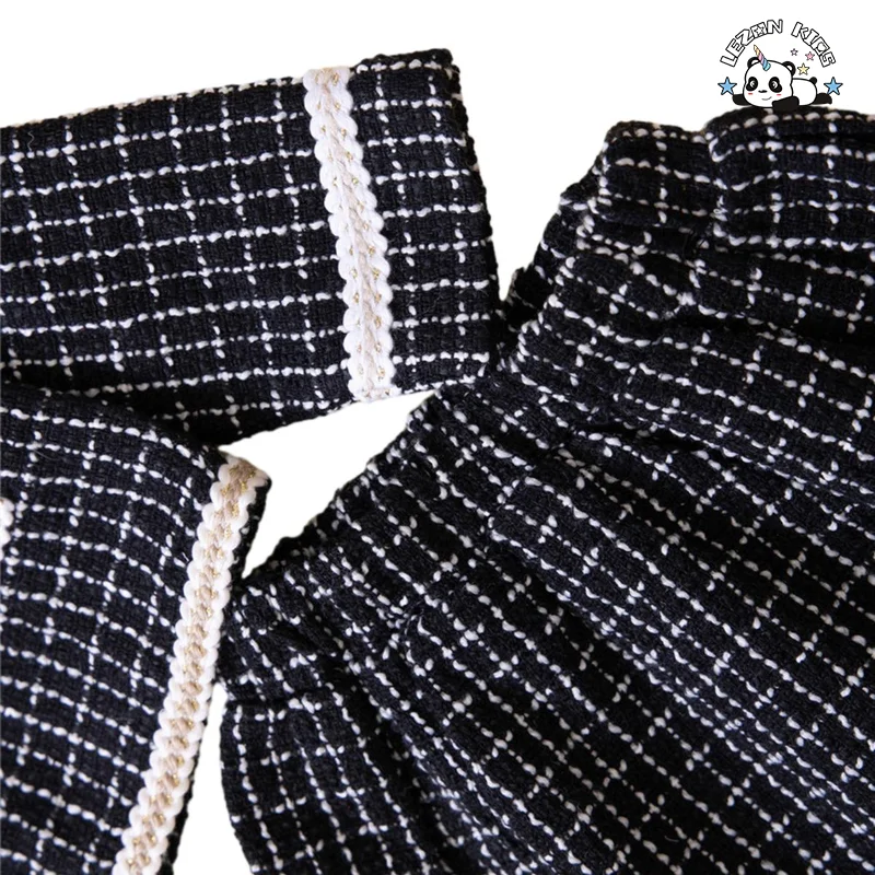 LEZONKIDS - Customizable High Street Long Sleeve Pearl Plaid Coat Skirt Two Pieces Girls Clothing Set for Autumn